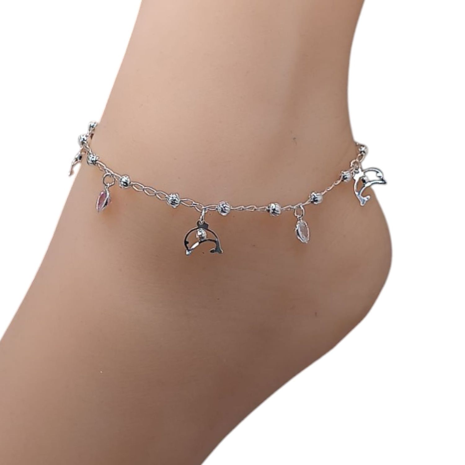TOBILLERA CORAZONES CZ ROSA, MORADA Y BLANCA CON DELFINES 9.5&quot; . PLATA .925