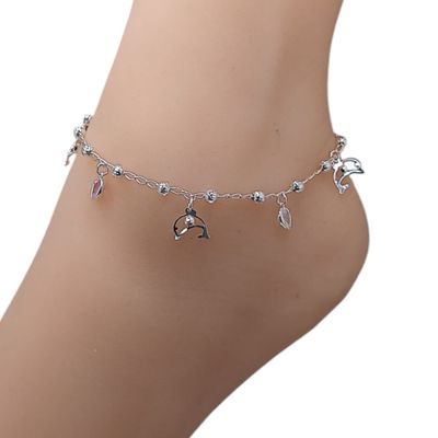 TOBILLERA CORAZONES CZ ROSA, MORADA Y BLANCA CON DELFINES 9.5" . PLATA .925