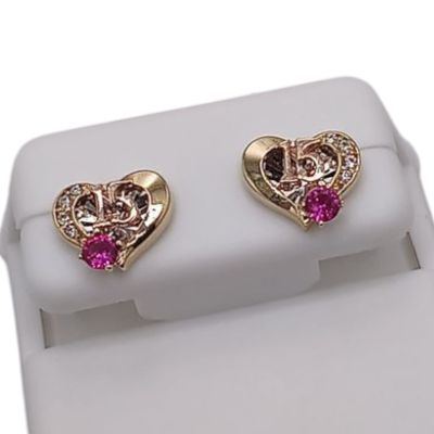 ARETE  CORAZON 15 AÑOS CZ ROJA ORO 14K