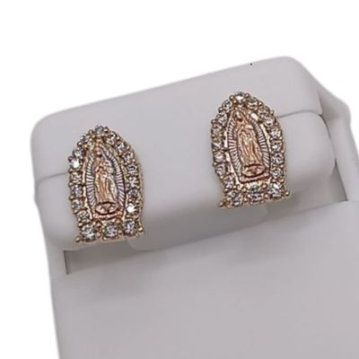 ARETE VIRGEN DE GPE 3 COLORES CON MINI CZ, BROCHE MARIPOSA, ORO 14K