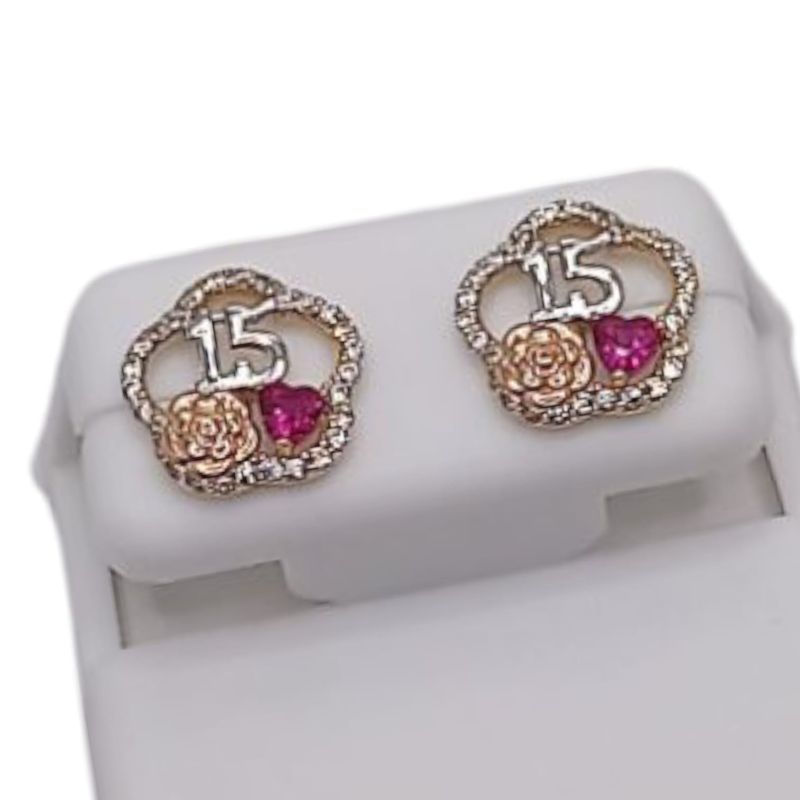 ARETE XV AÑOS 3 COLORES CZ ROJA, BROCHE MARIPOSA ORO 14K