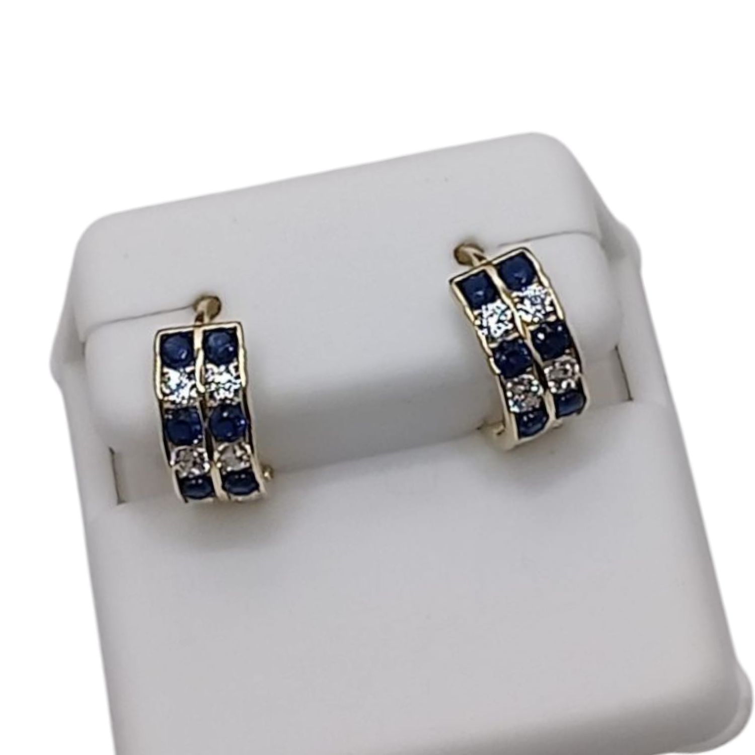 HUGGUI CZ AZUL Y BCA, 1.2 CM, ORO 14K