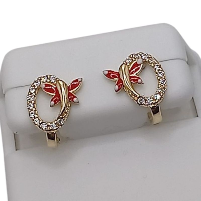 ARETE CON MARIPOSITA ROJA, 1 CM, ORO 14K