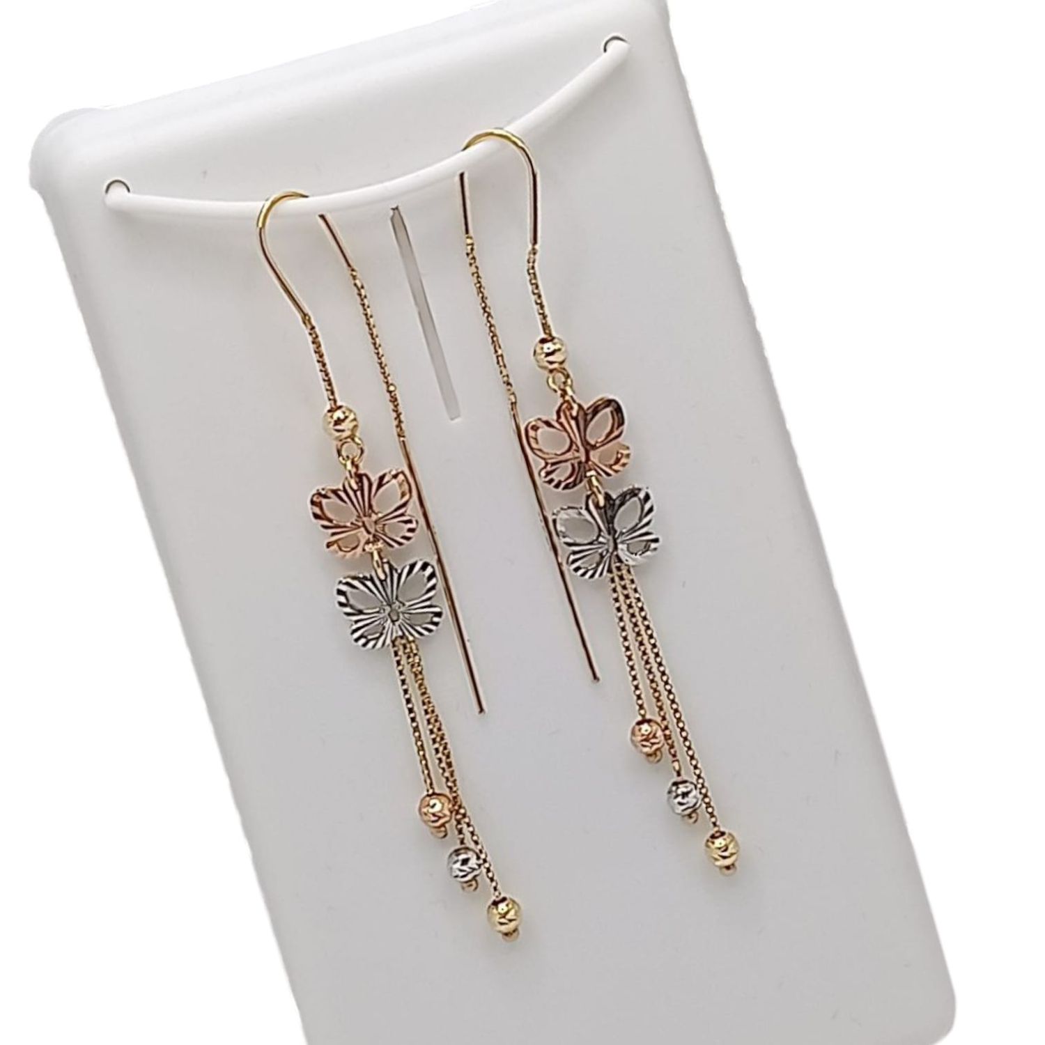 ARETE LARGO MARIPOSAS 3 COLORES 6.5 CM, ORO 14K