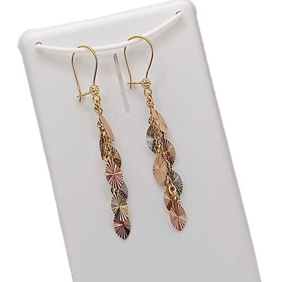 ARETE LARGO 6 CM HOJITAS 3 COLORES, ORO 14K