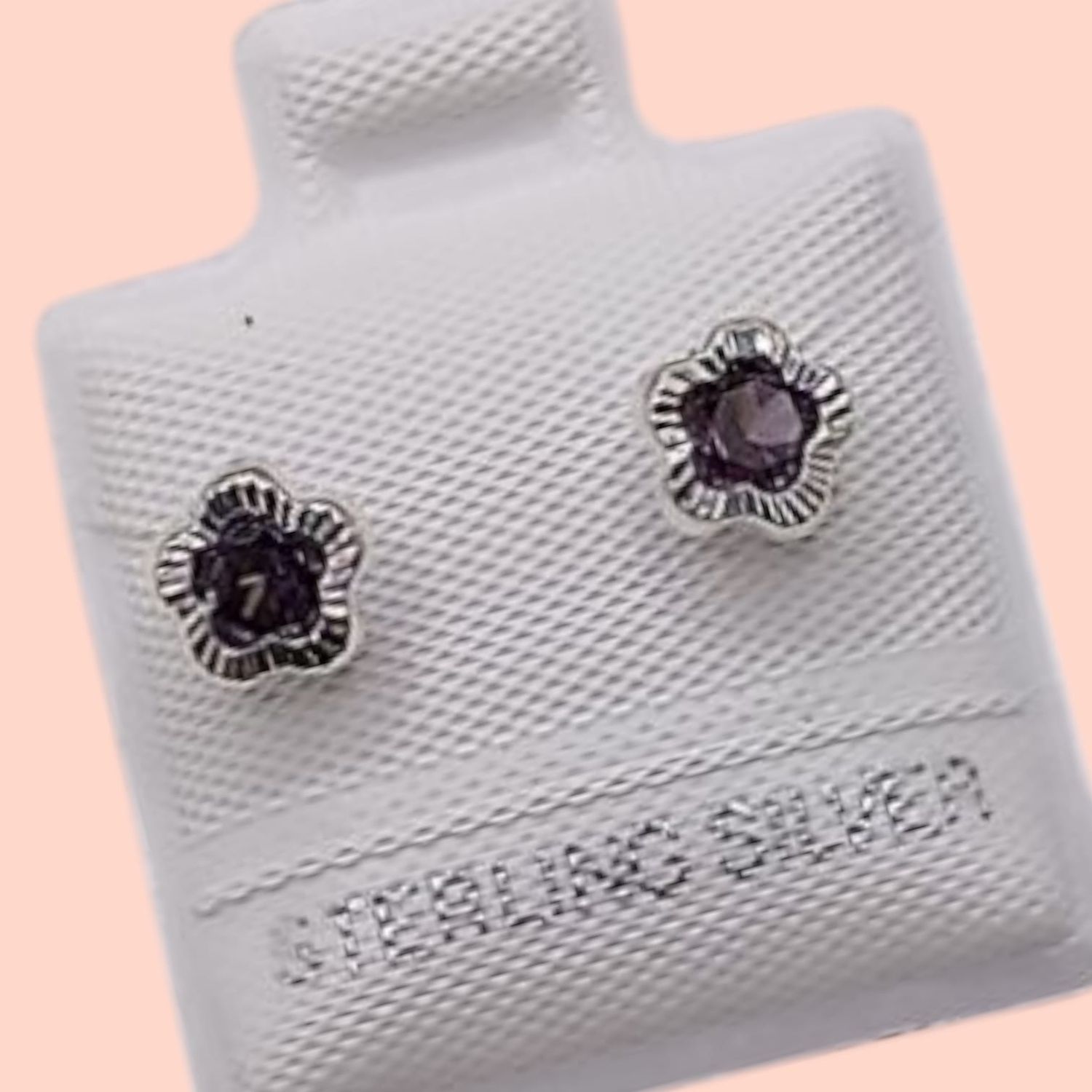 BROQUEL FLOR CON BISEL CZ LILA,BROCHE BOLITA, PLATA .925