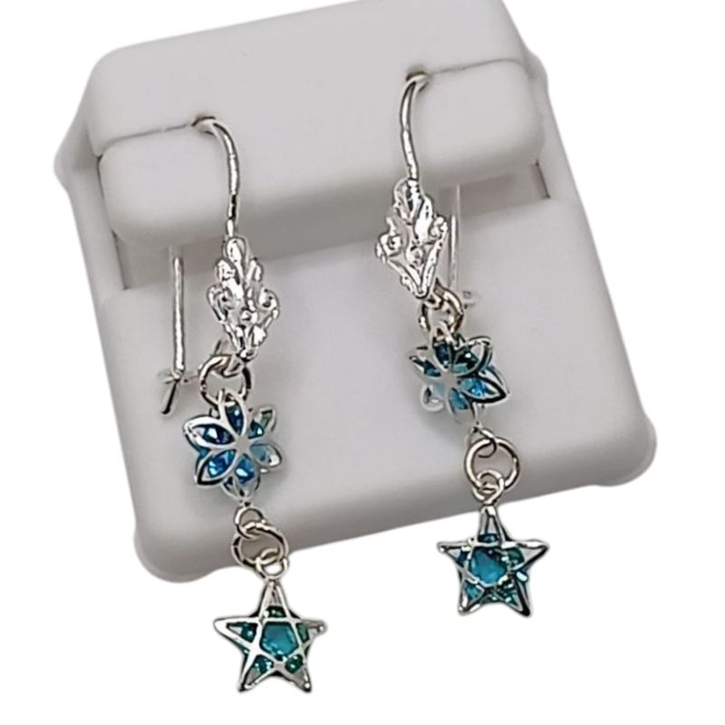 ARETE LARGO FLOR ESTRELLA  CZ AZUL 4 CM PLATA .925