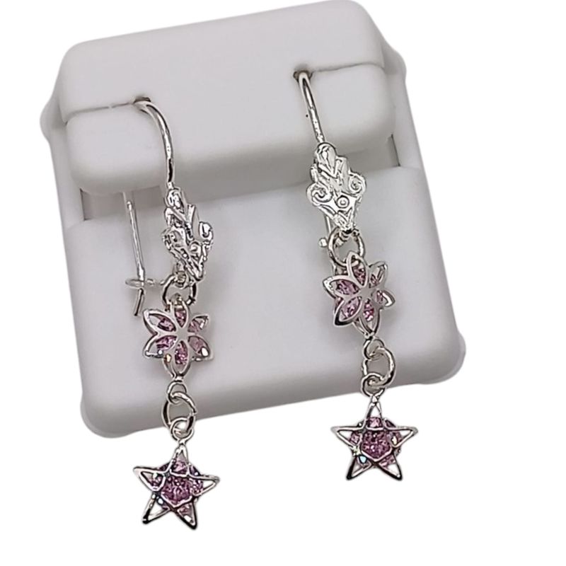 ARETE LARGO 4 CM FLOR ESTRELLA CZ ROSA PLATA .925