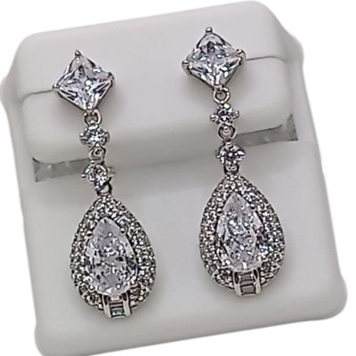 ARETE GOTA COLGANTE CZ BCA,  3 CM  PLATA .925