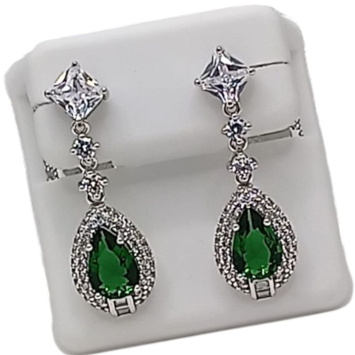ARETE GOTA COLGANTE  3 CM  CZ VERDE ESMERALDA ,   PLATA .925