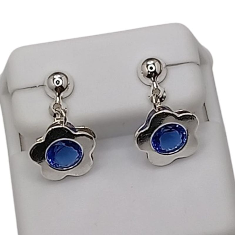 ARETE FLOR CON CZ AZUL,  PLATA .925
