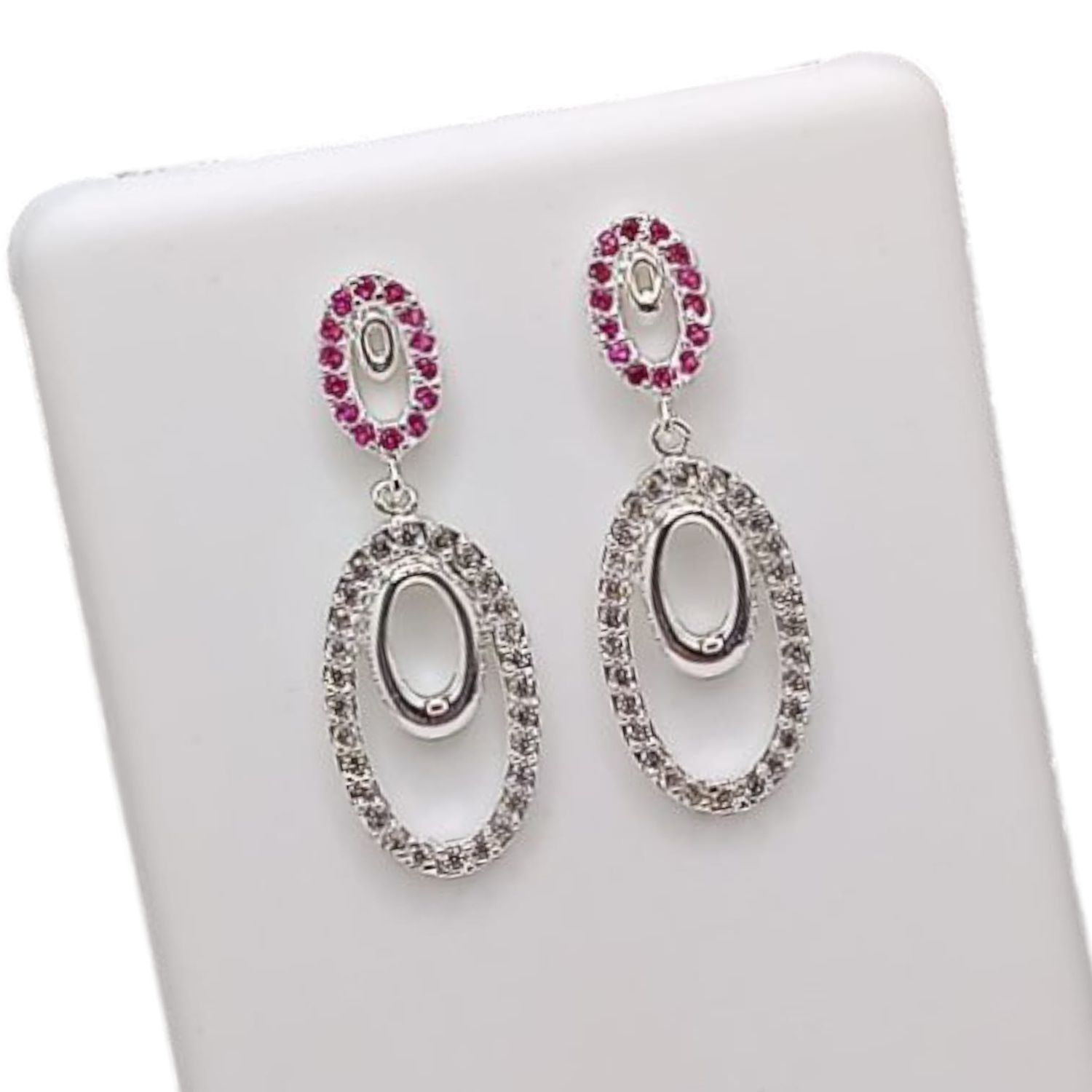 ARETE LARGO CON CZ BLANCA Y ROSA 3.5 CM PLATA .925