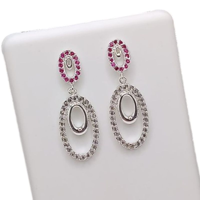 ARETE LARGO CON CZ BLANCA Y ROSA 3.5 CM PLATA .925