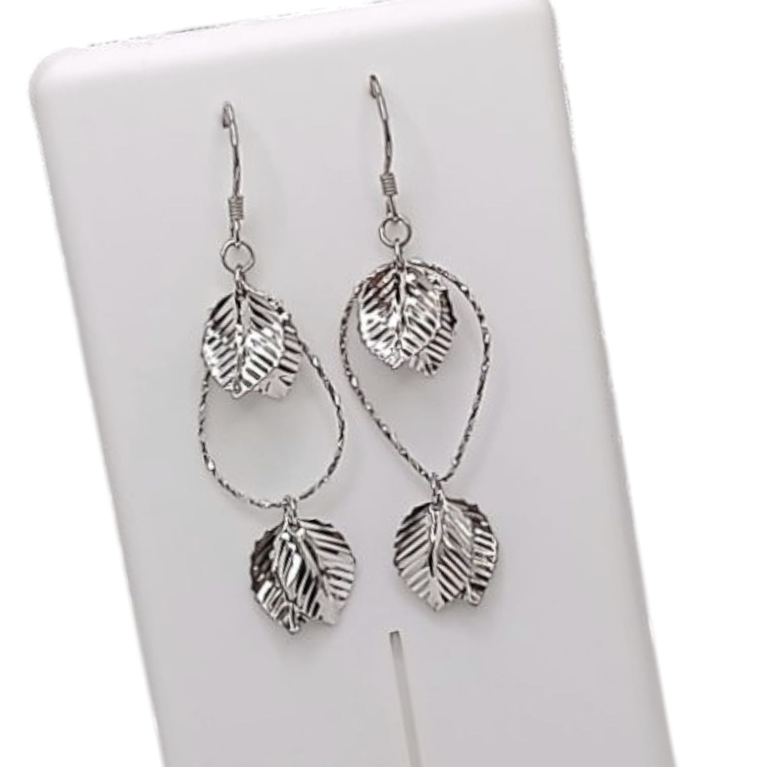 Arete largo hojas 5 cm largo plata y rodio PLATA .925