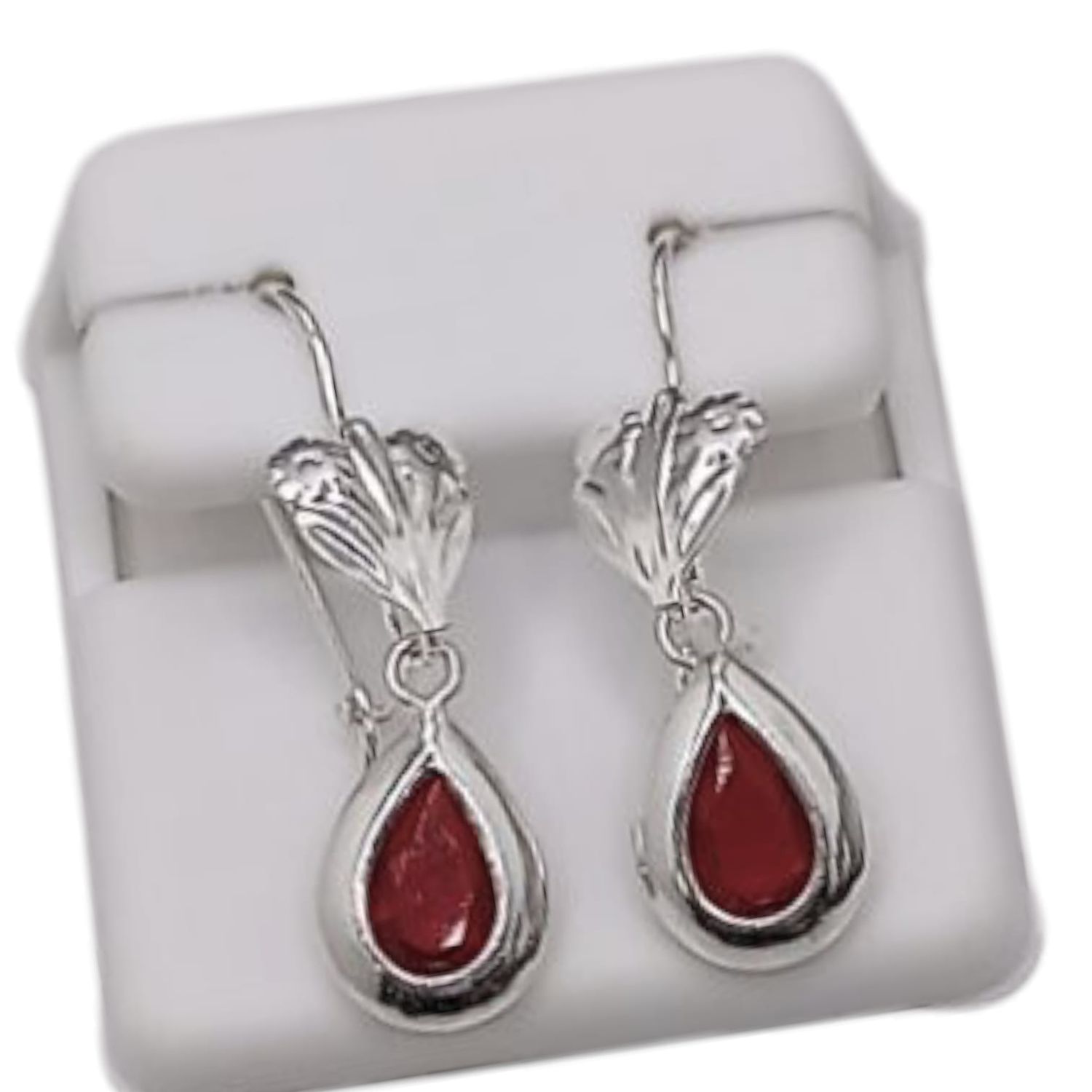 ARETE DE GOTA CON FLORES CZ ROJA 3 CM PLATA .925