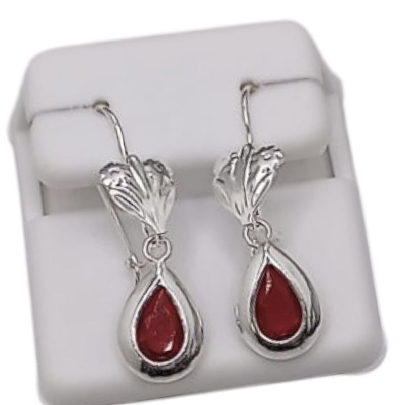 ARETE DE GOTA CON FLORES CZ ROJA 3 CM PLATA .925
