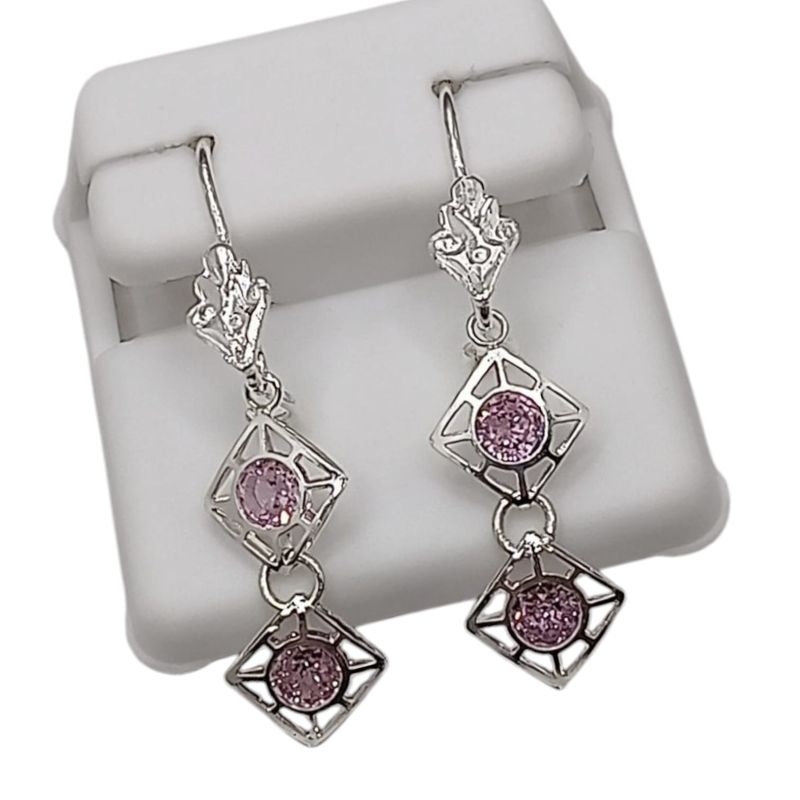 ARETE LARGO ROMBOS CZ ROSA 4 CM PLATA .925