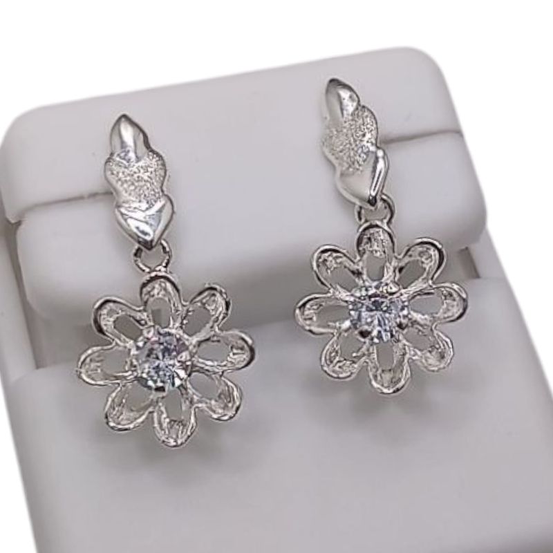 Arete  flor colgante con cz broche mariposa plata .925