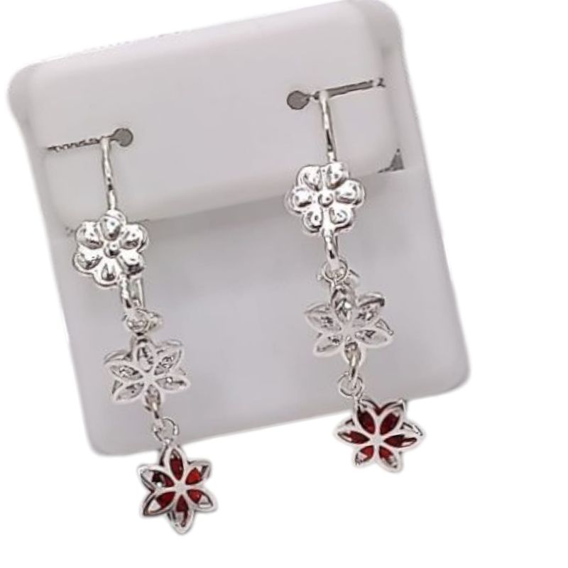 ARETE LARGO FLORES  CZ ROJA Y BCA 3.5 CM PLATA .925