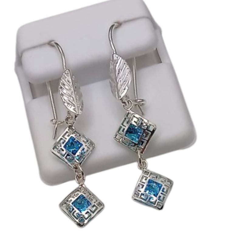 ARETE LARGO ROMBOS CZ AZUL 4.5 CM PLATA .925