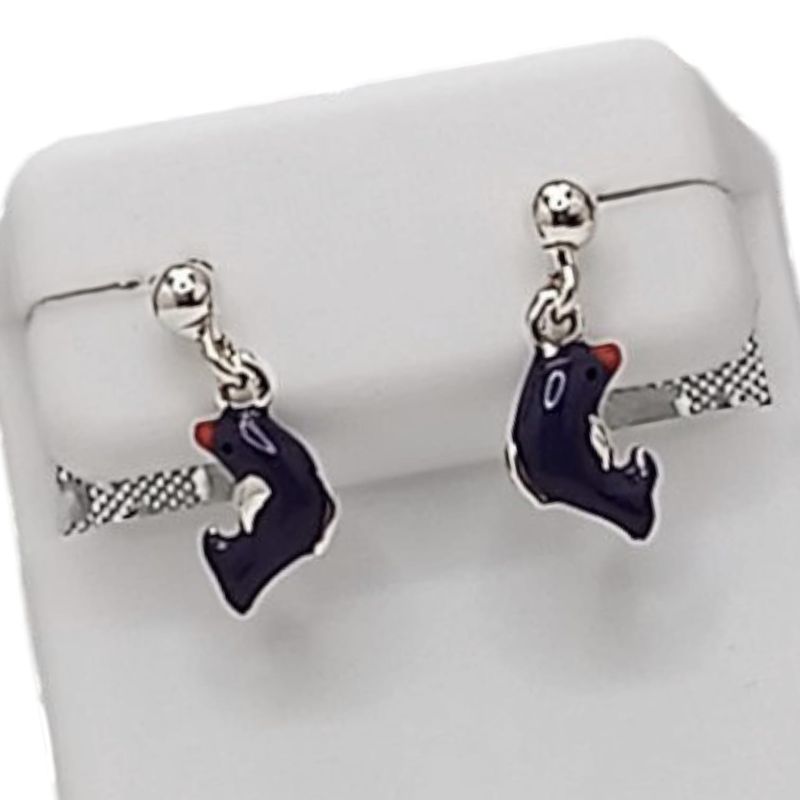 ARETE ESMALTADO DELFIN MORADO, BROCHE MARIPOSA PLATA .925