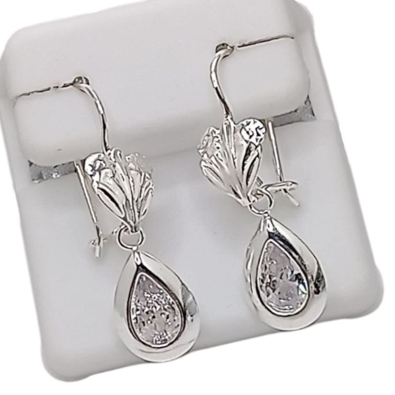 ARETE  GOTA Y FLORES 3 CM PLATA .925
