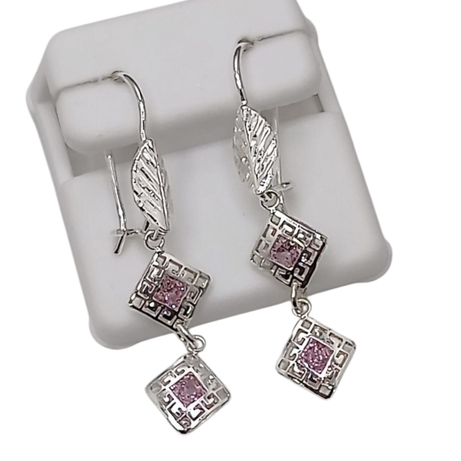 ARETE  ROMBOS CON CZ ROSA Y HOJA 4.5 CM PLATA .925