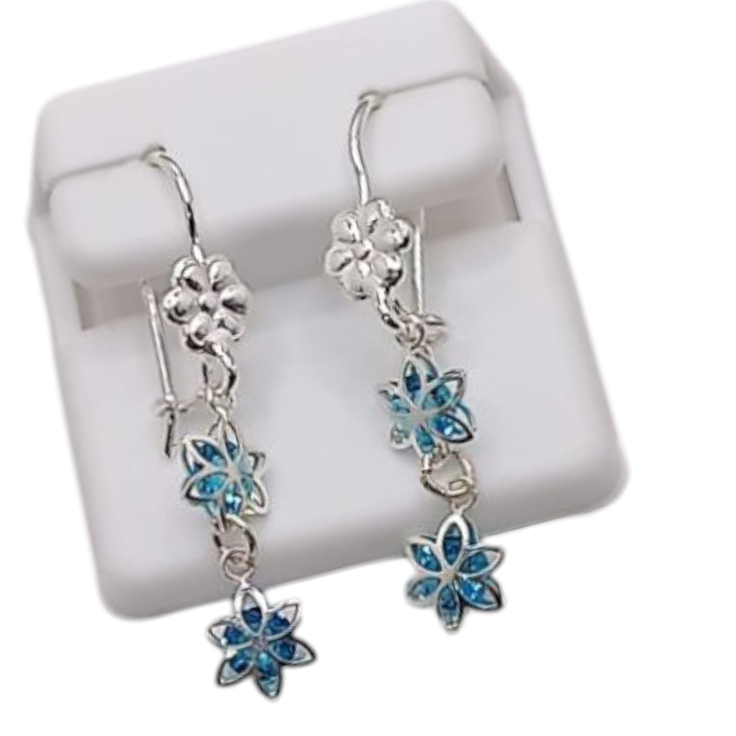 ARETE LARGO FLORES CZ AZUL 3.8CM PLATA .925