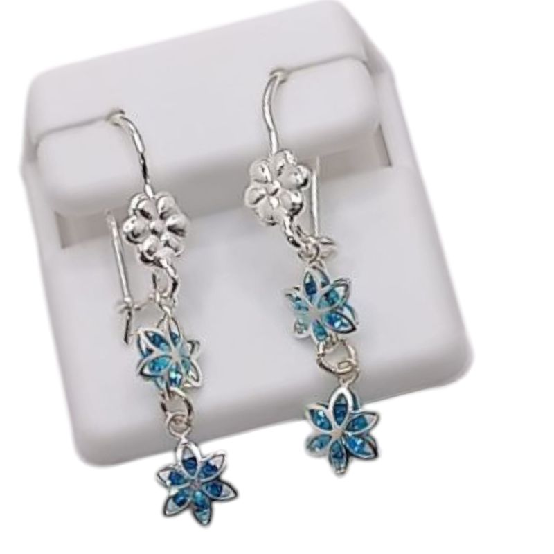 ARETE LARGO FLORES CZ AZUL 3.8CM PLATA .925