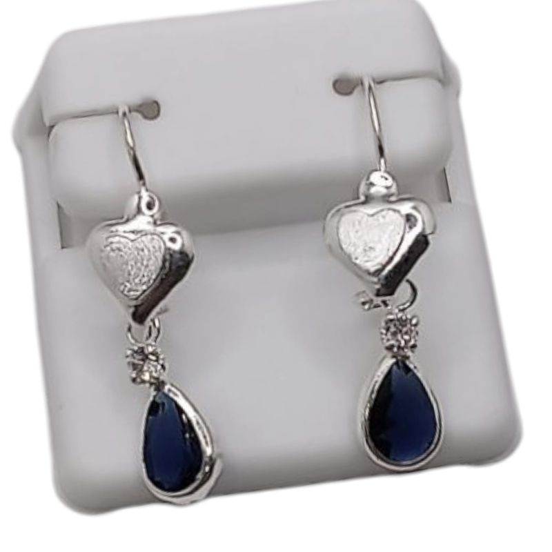 ARETE CON GOTA Y CORAZON CZ AZUL  3 CM LARGO TOTAL PLATA .925