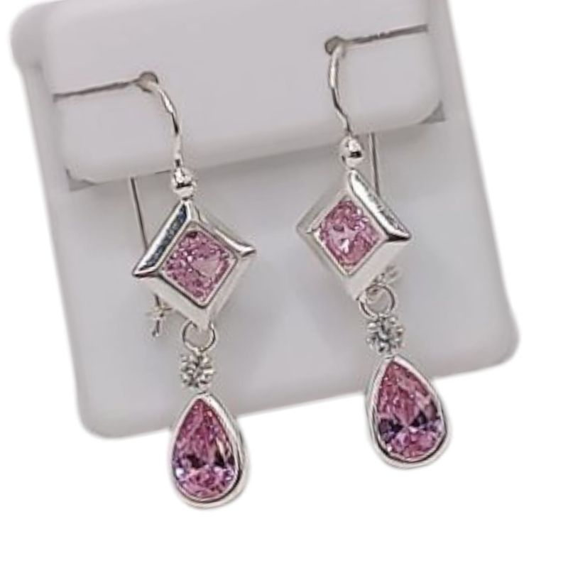 ARETE CUADRO CON GOTA CZ ROSA 3.5 CM PLATA .925