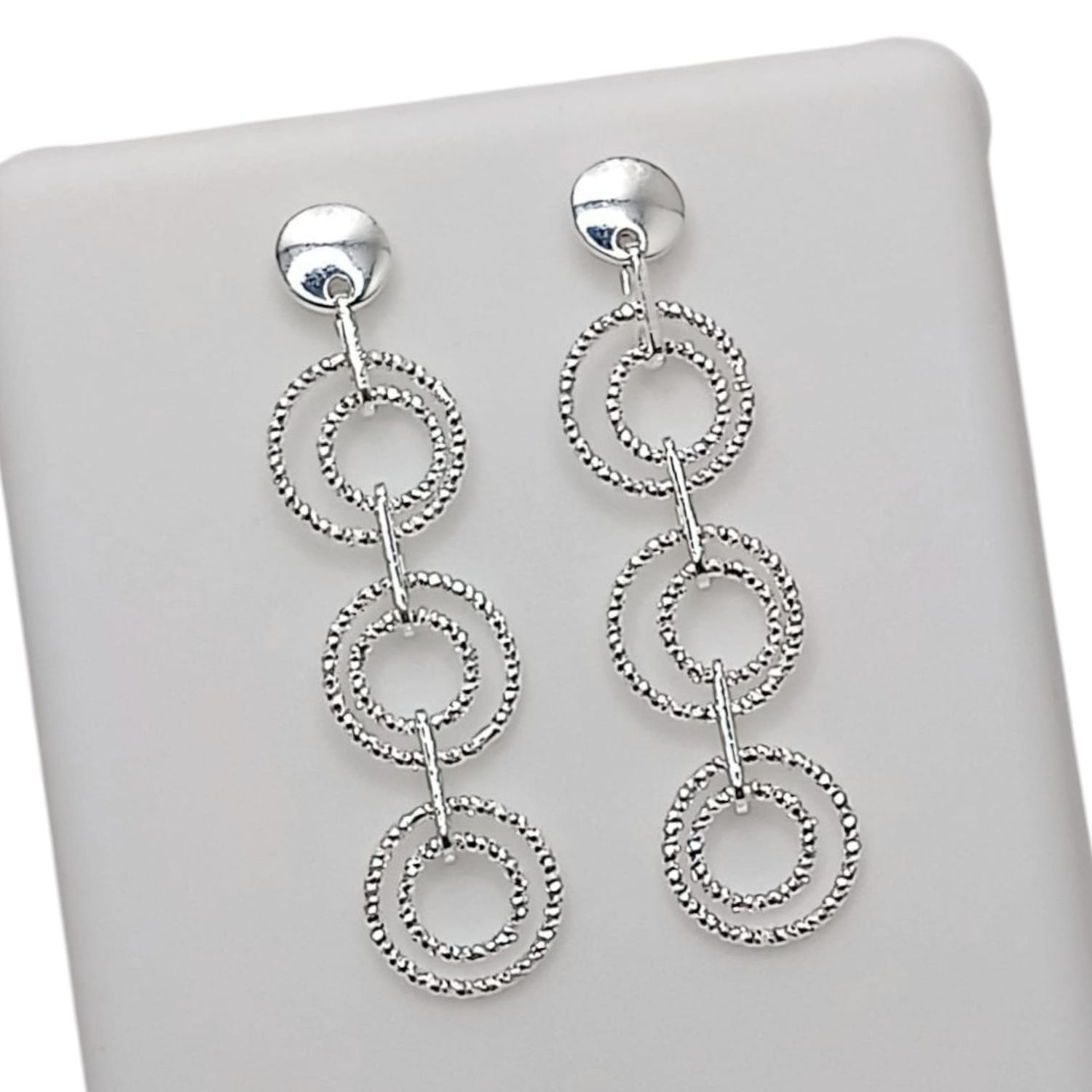 ARETE LARGO AROS DIAMANTADOS  4 CM LARGO PLATA .925