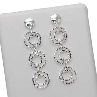 ARETE LARGO AROS DIAMANTADOS  4 CM LARGO PLATA .925
