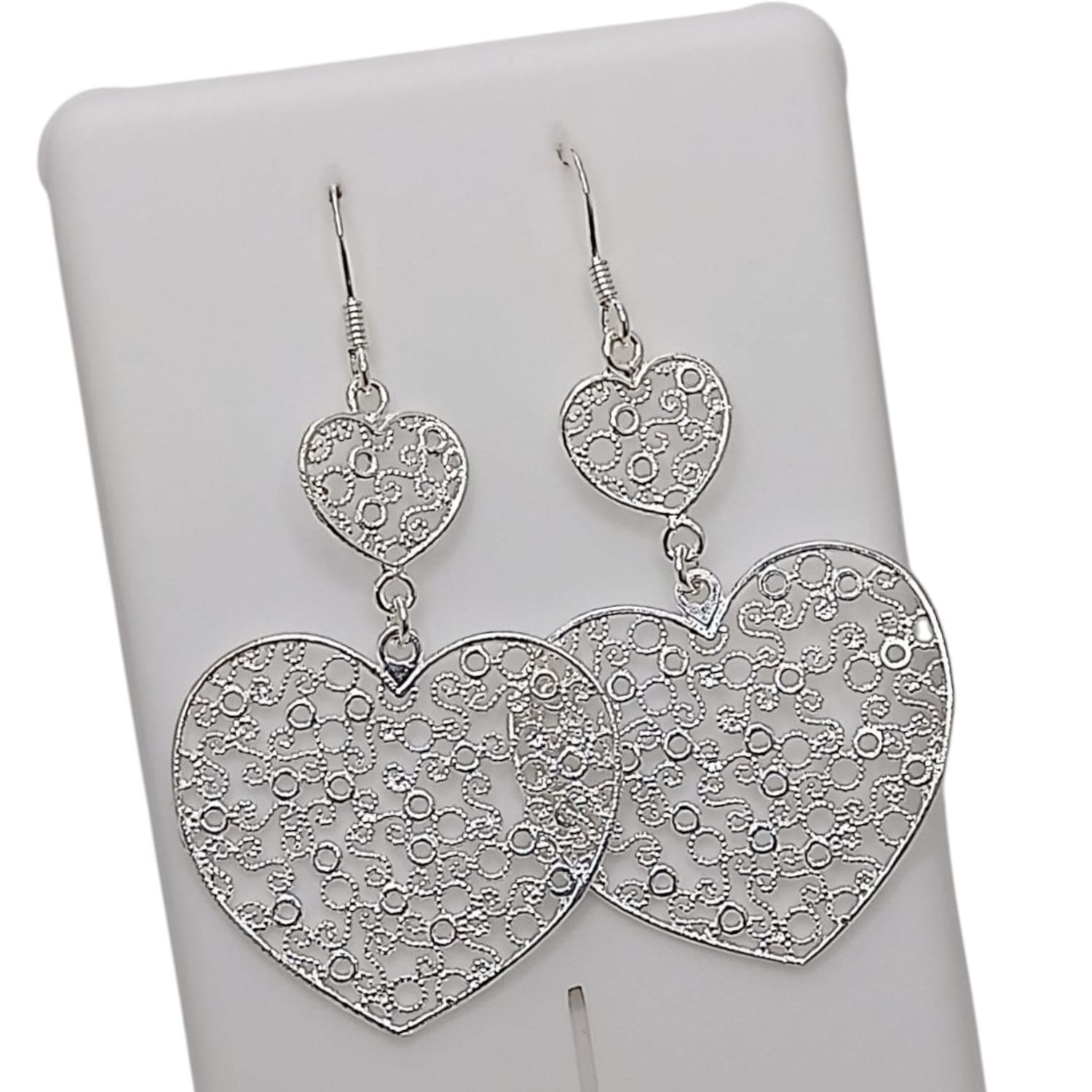 ARETE CORAZONES LARGO 5.5 CM PLATA .925