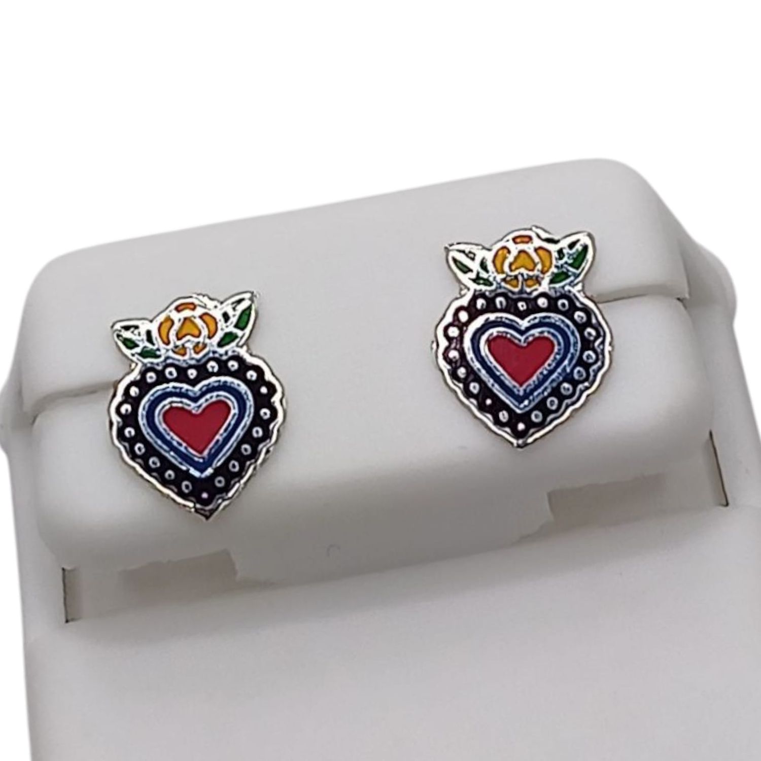 ARETE CORAZON  ESMALTADO BROCHE MARIPOSA PLATA .925