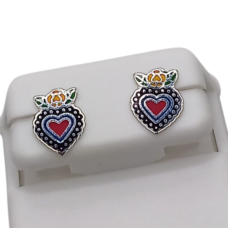 ARETE CORAZON  ESMALTADO BROCHE MARIPOSA PLATA .925