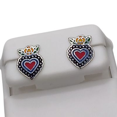 ARETE CORAZON  ESMALTADO BROCHE MARIPOSA PLATA .925