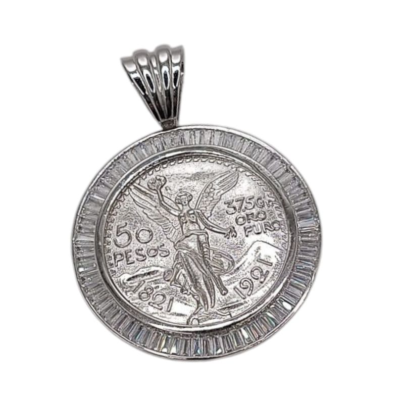 DIJE BISEL CON REPLICA DE MONEDA CENTENARIO CON CZ BAGUETT, PLATA .925