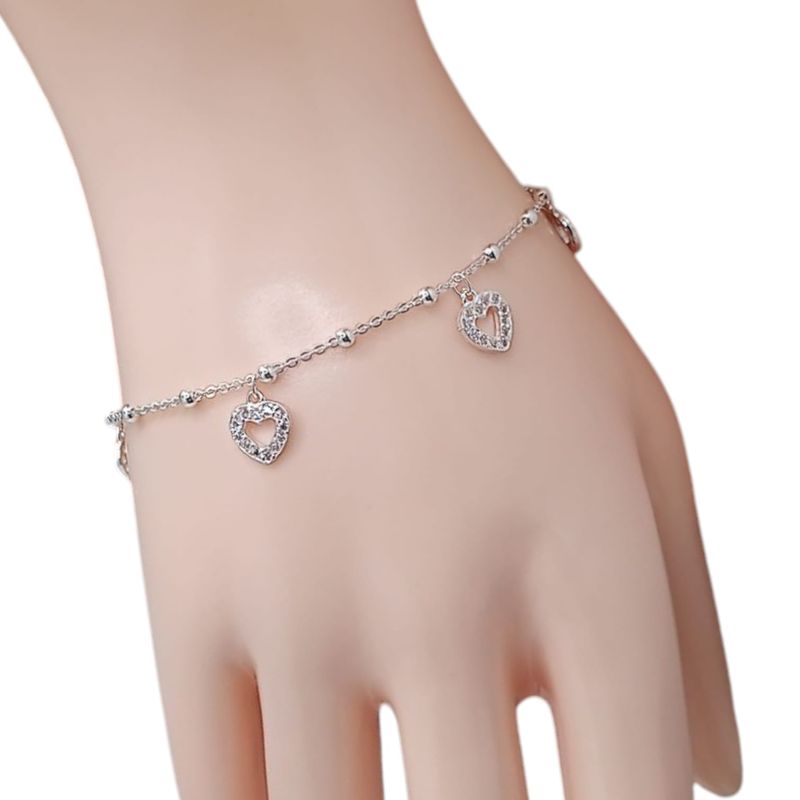 PULSERA CON CORAZONES 7&quot; AJUSTABLE, PLATA .925