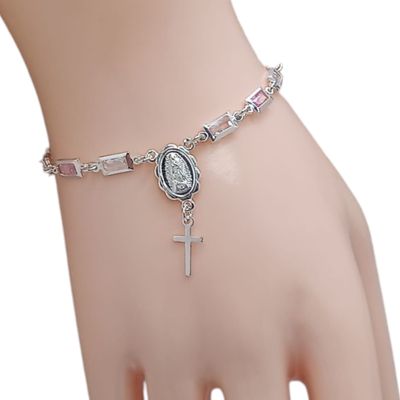 PULSERA 7&quot;  CON CZ ROSA Y BIRGEN DE GPE, PLATA .925