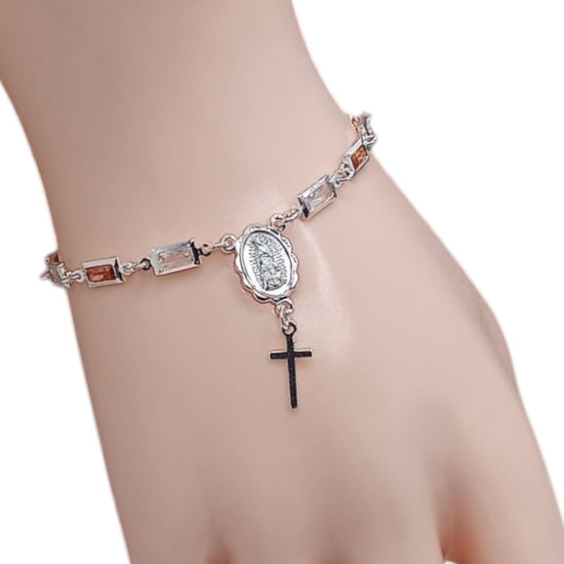 PULSERA 7&quot; CON CZ AMBAR Y BCA, VIRGEN DE GPE, PLATA .925