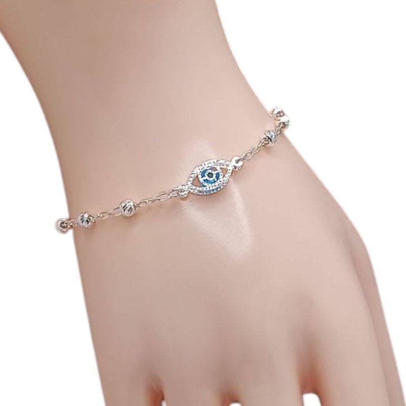 PULSERA  OJITO CZ AZUL CON BOLITA 4MM, PLATA .0 925