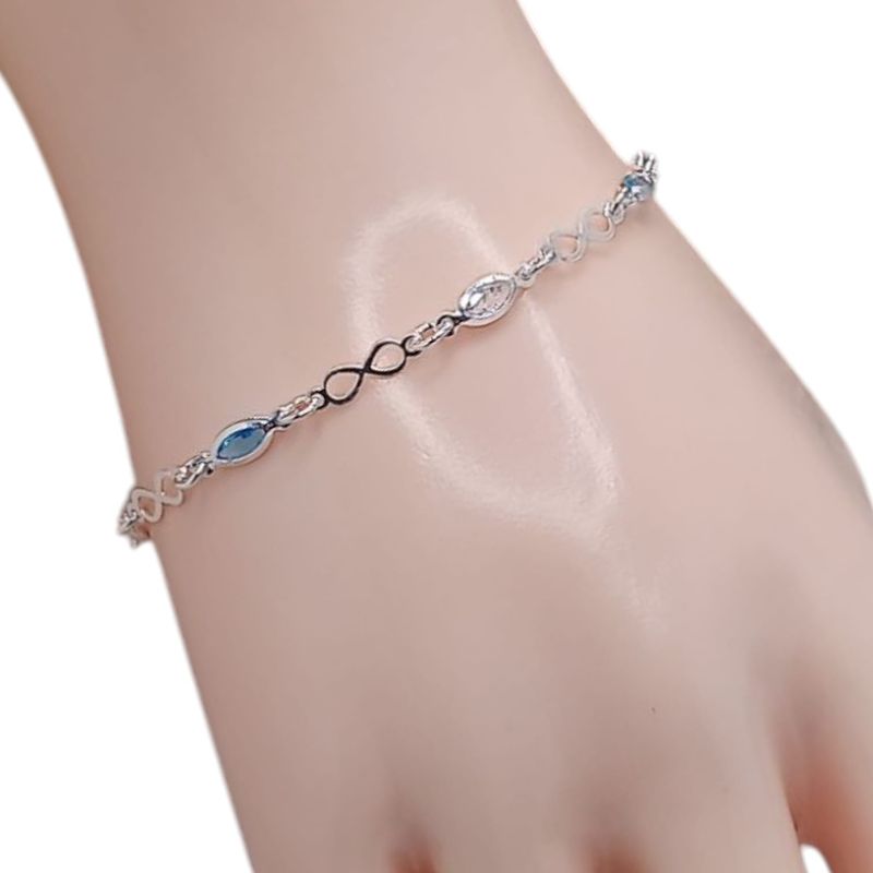 PULSERA CON CZ AZUL Y BCA  E INFINITO  7&quot; PLATA .925