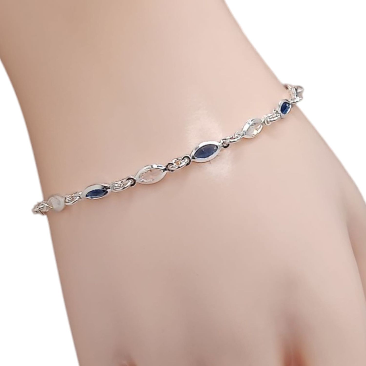 PULSERA  7&quot;  CON CZ AZUL Y BCA, PLATA .925
