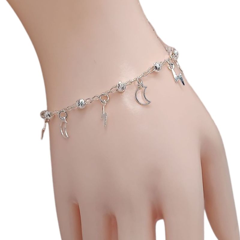 PULSERA 7&quot; LUNAS Y RAYOS, BOLITA 4MM, PLATA .925