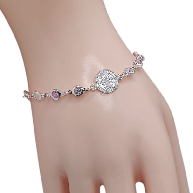 PULSERA 7&quot; MEDALLA SAN BENITO CON CZ ROSA Y BCA, PLATA .925