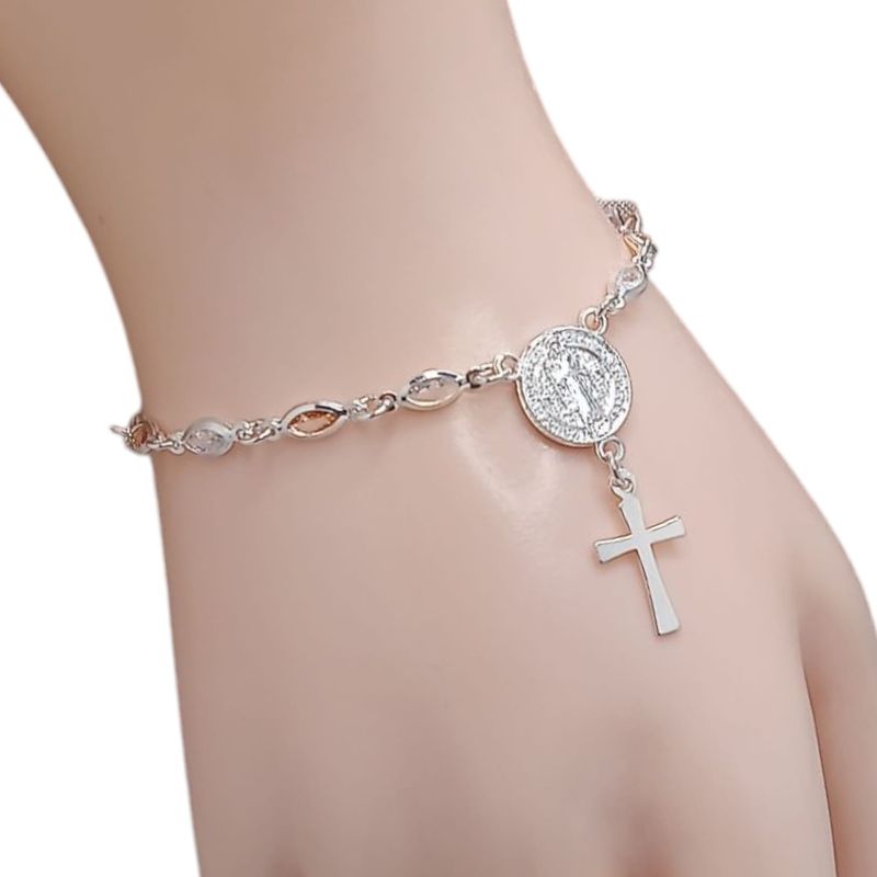 PULSERA SAN BENITO CON CRUZ, CZ AMBAR  Y BCA, PLATA .925