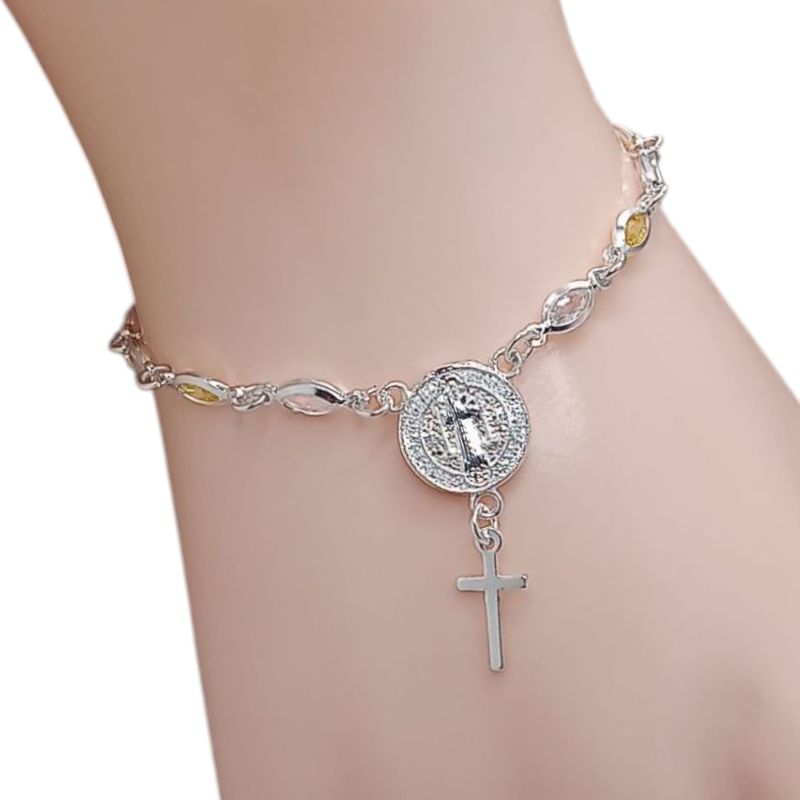 PULSERA 7&quot; CZ AMARILLA Y BCA, MEDALLA SAN BENITO Y CRUZ, PLATA .925