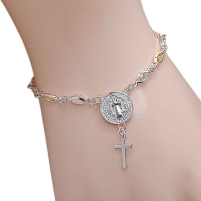 PULSERA 7&quot; CZ AMARILLA Y BCA, MEDALLA SAN BENITO Y CRUZ, PLATA .925