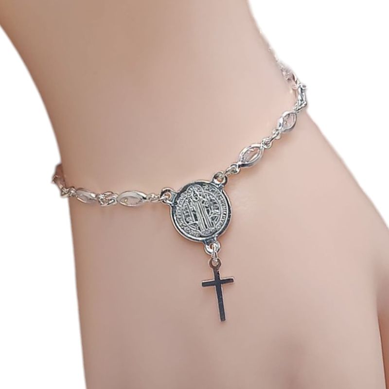 PULSERA 7&quot; CZ BCA, MEDALLA SAN BENITO Y CRUZ, PLATA .925